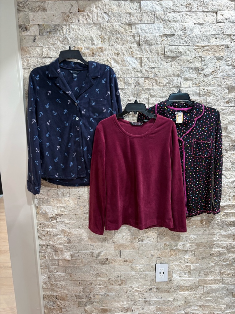 Women's Cozy Mixed Pajama Tops Trio - Navy Anchor, Burgundy, Black Polka Dot